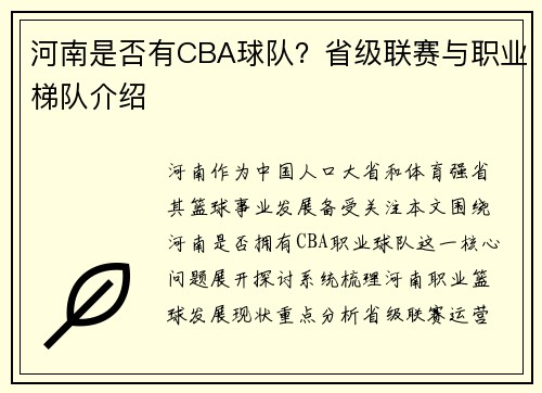 河南是否有CBA球队？省级联赛与职业梯队介绍